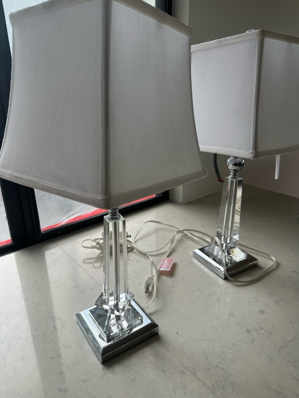 Pair of Crystal Table Lamps with White shades and crystal  base